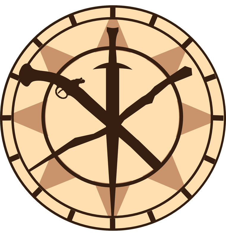The early Frontiers compass icon: a compass rose with a sword, a flintlock pistol and an axe crossed over it