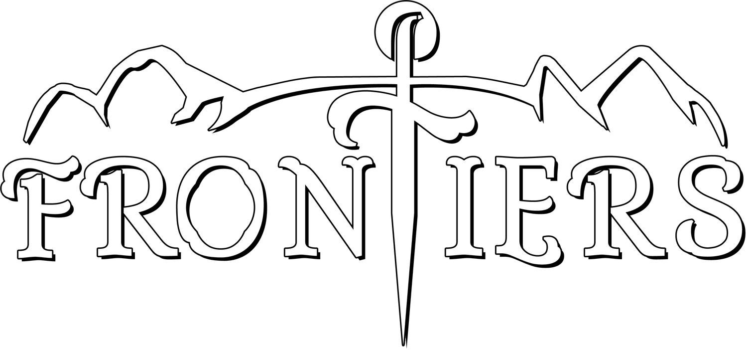 The original Frontiers logo: hand-drawn mountains behind a sword, with FRONTIERS set in outlined capitals