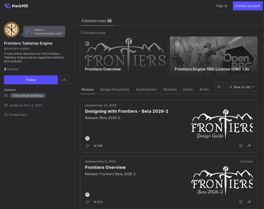 The Frontiers team page on HackMD, listing the published notes with the Frontiers Overview and the SRD License pinned
