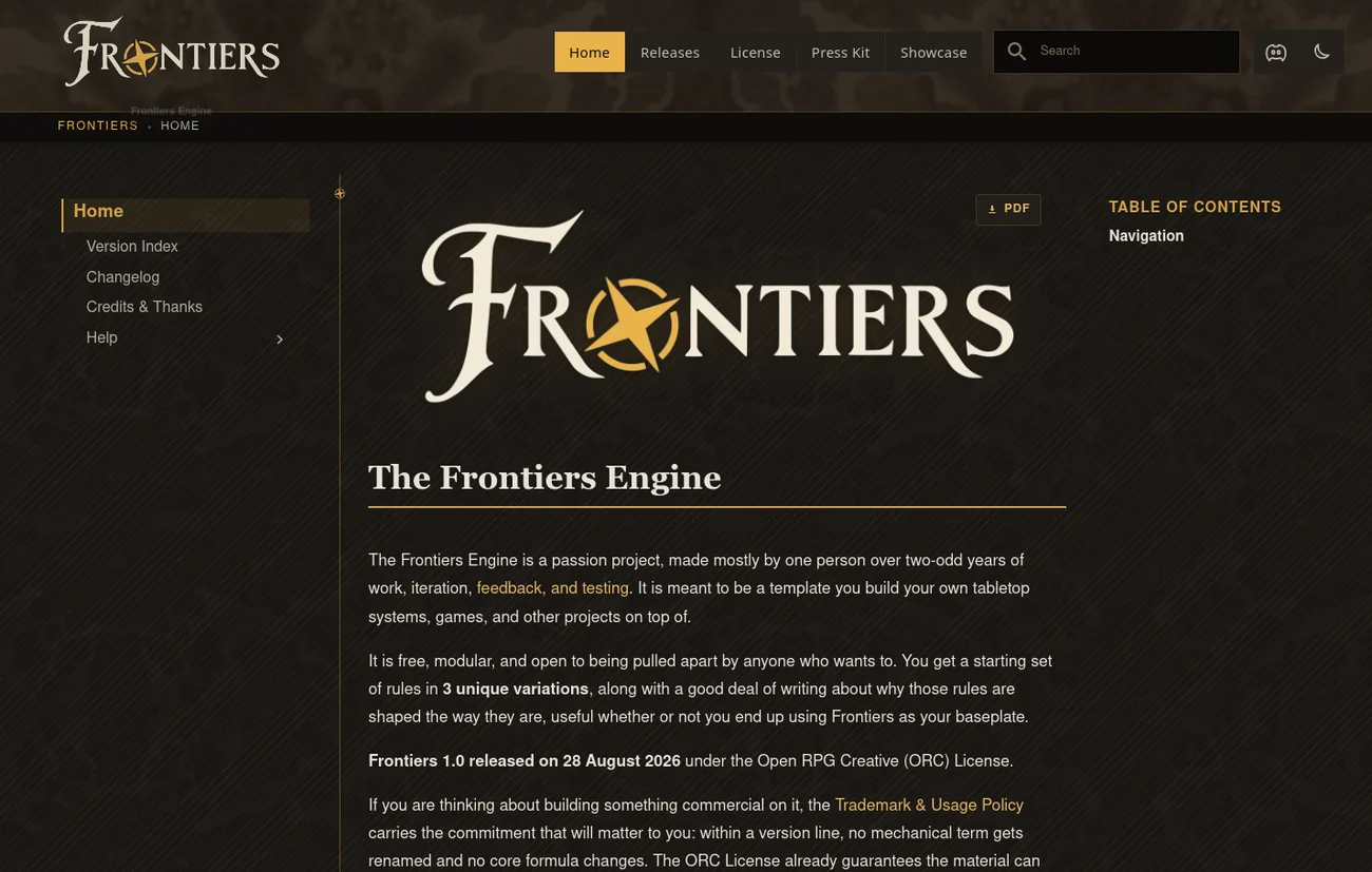 The Frontiers site on launch day in August 2026, with the old wordmark, a sans-serif body face and a Credits and Thanks page in the sidebar